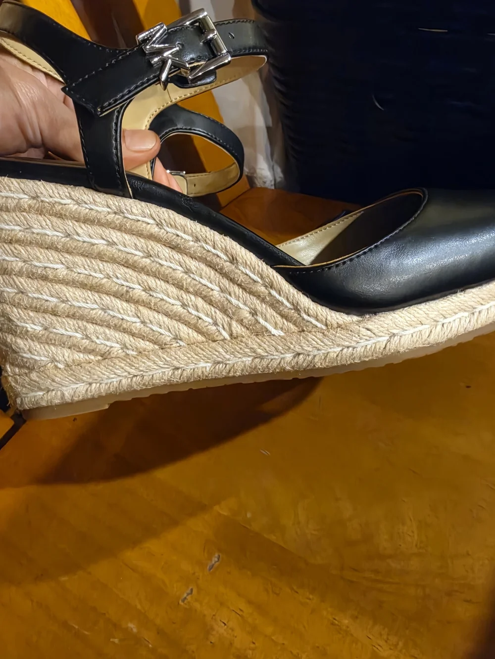 Michael Kors Black Leather Espadrille Wedge Sandals with MK Buckle